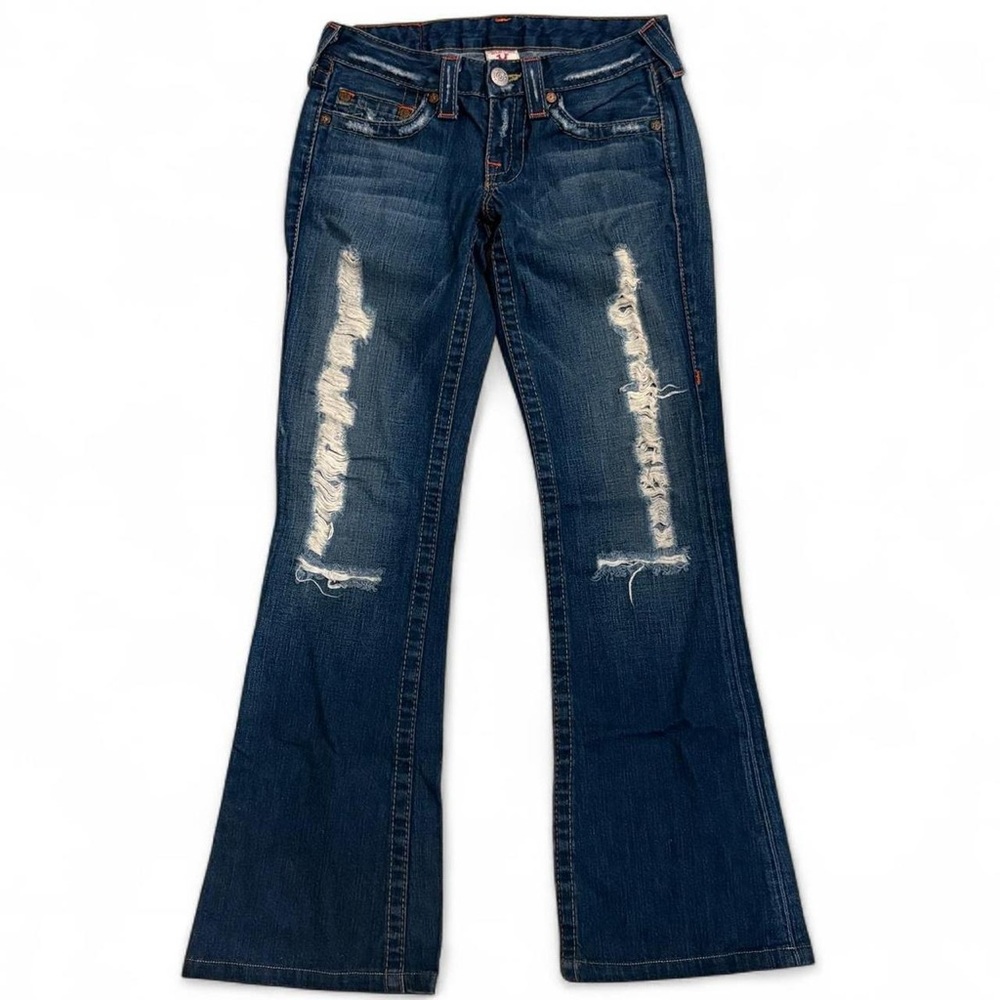 Y2K True Religion Jeans Bobby Ultra Low Rise Bootcut Dark Vintage Destroyed